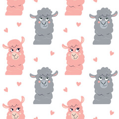 Vector seamless pattern with cute alpacas. Nice lama heads wallpaper. Funny cartoon animals in love.