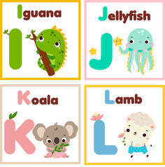 Kids Zoo english alphabet set. Children animals alphabet form letters I to L. Cute iguana, jellyfish, koala and lamb educational cards for elementary school