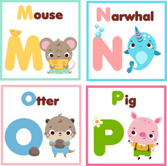 Kids Zoo english alphabet set. Children animals alphabet form letters M to P. Cute mouse, narwhal, otter and pig educational cards for elementary school