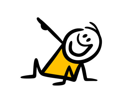 Funny male character sitting on the ground with happy smile and pointing with finger up.