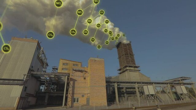 Emission of solid substances into the atmosphere. Environmental pollution visualization. White smoke from the factory chimney, visualization of the release of hazardous components