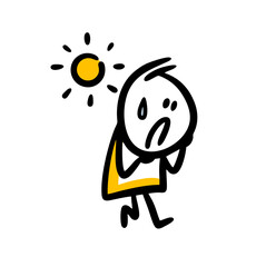 Very hot sunny weather and the man walking under the sun sweating.