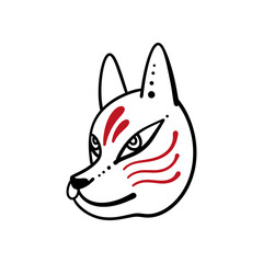 Kitsune fox mask artwork, traditional culture Japanese icon animal face character. Cartoon doodle style illustration isolated on white background. 