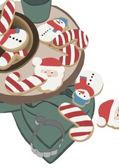 Illustration de biscuit de Noël : sucre d’orge, père Noël, bonhomme de neige. Esprit festif et magique pour un Noël gourmand pour les petits et grands. Couleur: rouge, blanc, vert. 