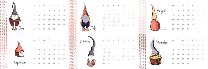 Calendar for the summer and autumn months of 2023 with cartoon vector gnomes. Polygraphy of calendars