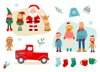 Fototapeta premium Set of Christmas cute characters and decorations, vector illustration