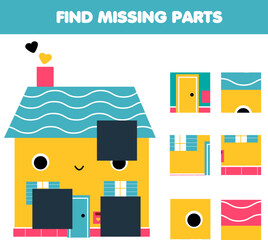 Puzzle for toddlers. Find missing part of house picture. Educational game for children and kids