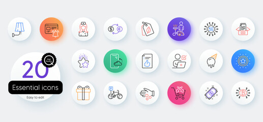 Simple set of Gift box, Internet notification and Online voting line icons. Include Payment, Hospital nurse, Currency exchange icons. 5g technology, Bio tags, Winner star web elements. Vector