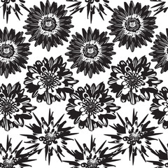 Seamless pattern with chrysanthemum flowers. Black and white floral background.