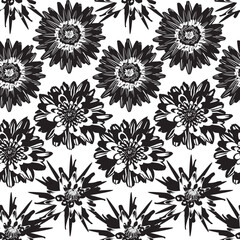 Seamless pattern with chrysanthemum flowers. Black and white floral background.