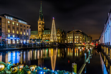 Naklejka premium Town hall of Hamburg during christmas time with christmas tree