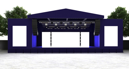 Stage rigging truss system with blank backdrop concert  performance. High resolution image. 3D Rendering.