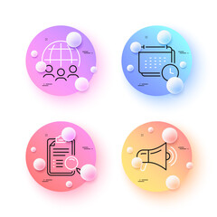 Calendar, Global business and Megaphone minimal line icons. 3d spheres or balls buttons. Search analysis icons. For web, application, printing. Schedule planner, Outsourcing, Advertisement. Vector