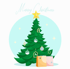 Decorated Christmas tree with wooden toys, Vintage Christmas tree, gift bags