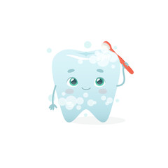 Cute tooth brushing himself. Cartoon tooth cleans himself with toothbrush. Adorable dental mascot for kids.