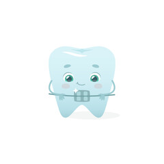 Cute tooth with brace. Cartoon dental mascot for kids orthodontic clinic. Tooth with bracket.