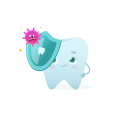 Bacterium attack on tooth with protection shield. Cartoon cute tooth with microbes. Vector illustration of dental problem for kids.