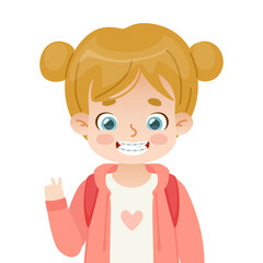 Cartoon close up portrait of baby girl with braces. Cute vector child with brackets.