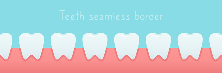 Dental seamless border with white teeth in the gum. Vector bottom background for dental clinic design.
