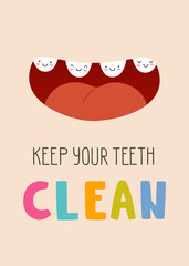 Dental care poster for kids with cartoon mouth and cute teeth. Toothbrushing banner for children with text.