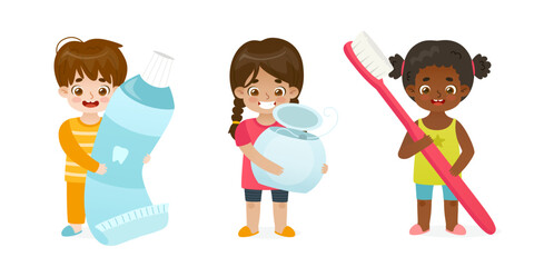 Cartoon kids with big dental toiletries. Cute children with toothbrush, tooth paste and dental floss.