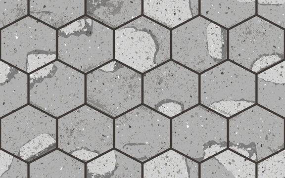Seamless pattern of pavement with hexagon textured cracked old bricks. Vector pathway texture top view. Outdoor concrete slab sidewalk. Cobblestone footpath or patio. Block floor