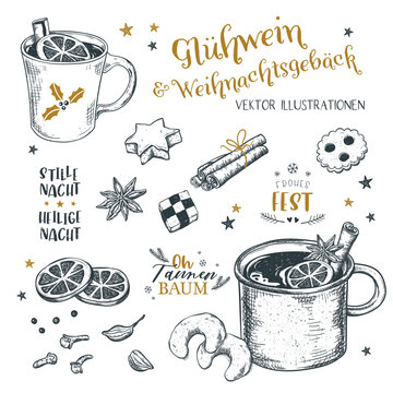 Lovely Mulled Wine illustrations with christmas cookies, ingredients and various German Christmas Sayings, great for Menus, banners, wallpapers - vector design