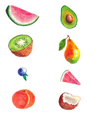 Fototapeta na wymiar fresh fruit illustration background summer watercolor pear, kiwi, blueberry, peach, coconut