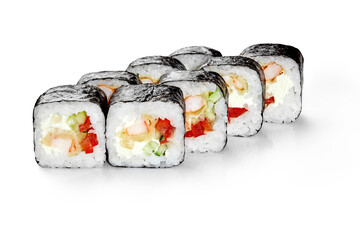 Futomaki sushi rolls with tempura shrimp, cream cheese, cucumbers and bell peppers