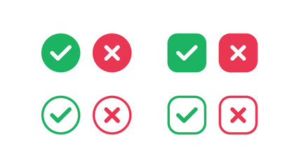 Checkmark icons tick and cross sign green check mark and red x cross on white background. Circle box square shape yes correct and no wrong button vector illustration graphic ui design