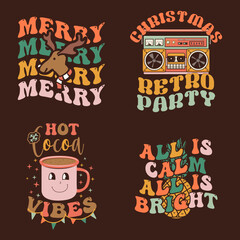 Groovy Christmas prints set with different vintage graphics and quotes-hot cocoa vibes, all is calm all is bright. Retro Christmas graphics. Stock vector clipart on dark background