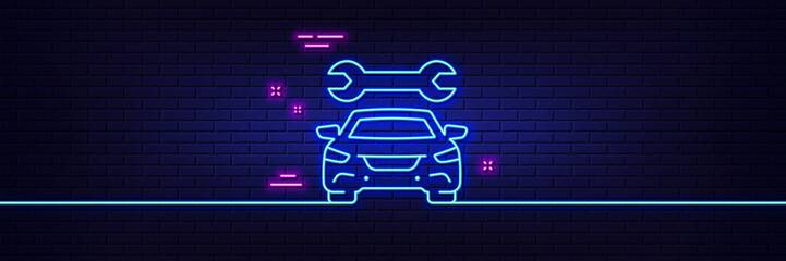 Neon light glow effect. Car service line icon. Auto repair sign. Garage service symbol. 3d line neon glow icon. Brick wall banner. Car outline. Vector