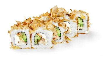 Rolls with baked eel, cream cheese and cucumbers topped with bonito flakes