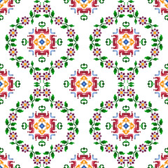 Fabric pixel ethnic seamless pattern decoration design. Aztec fabric carpet boho mandalas textile decor wallpaper. Tribal native motif ornaments traditional embroidery vector background 