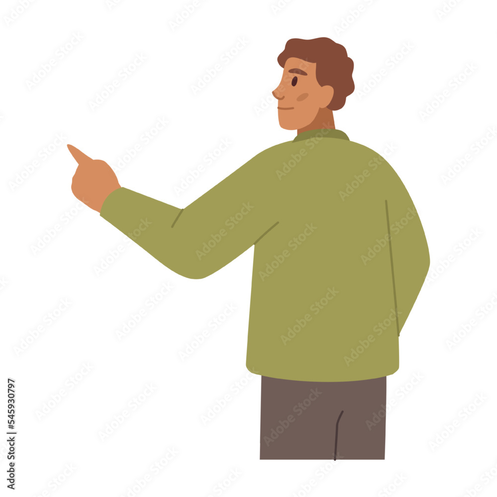 Poster Presenter pointing with finger, isolated man working on business project progress. Male completing tasks. Flat cartoon character, vector in flat style