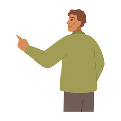 Presenter pointing with finger, isolated man working on business project progress. Male completing tasks. Flat cartoon character, vector in flat style