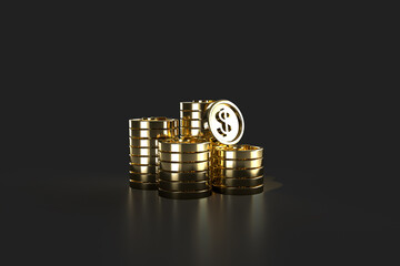 Shiny stack collecting coins on a dark background. Wealthy saving and banking concept. 3D rendering isolated with clipping path.