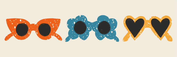 Retro framed sunglasses, vintage fashion. Flat design, cartoon hand drawn, vector illustration. Template for printing.