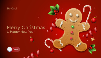 Merry Christmas banner design template. Homemade gingerbread man cookie theme concept, holiday fair and sale