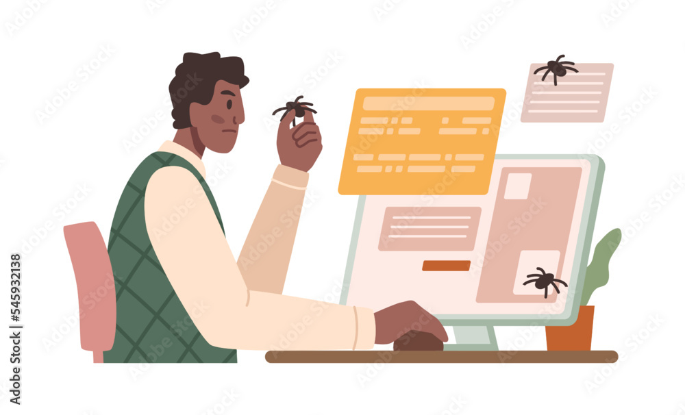 Aufkleber Programmer finding bugs in software, testing and fixing. Male sitting by computer improving work of programs and websites online. Vector in flat cartoon style