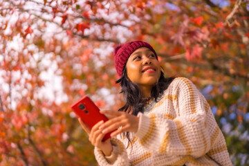 Asian girl in autumn with a mobile writing a message in a forest of red leaves, technology