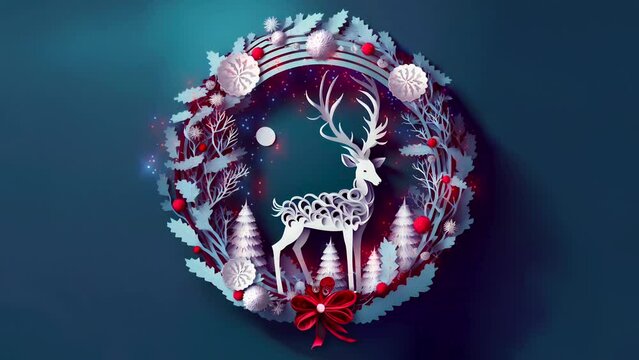 Christmas Winter Wonderland Wreath with magical colorful particles. A magical paper reindeer stands in the center. Paper craft style. Looped