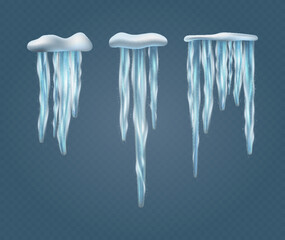 Set of realistic snow caps, icicles isolated over blue background. Design for winter and christmas