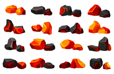 Glowing Coal and Hot Embers and Stones Big Vector Set