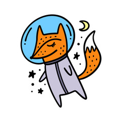 Hand drawn cute funny nursery astronaut fox in space. Isolated object on white background. Line contour colored doodle cartoon cosmic celestial animal style drawing. Little explorer concept. Vector