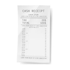 Paper print check, cash receipt template, bill vector element. Pay document fiscal check, retail ticket realistic atm bill, financial invoice, cash receipt