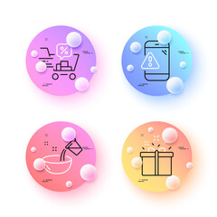 Cooking water, Discounts cart and Warning message minimal line icons. 3d spheres or balls buttons. Special offer icons. For web, application, printing. Vector
