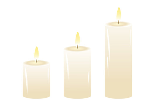 A set of burning white wax candles. A design element for holidays.Vector illustration isolated on a white background.