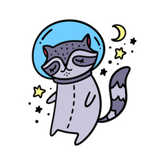 Hand drawn cute funny nursery astronaut raccoon animal in space. Isolated object on white background. Line contour colored doodle cartoon cosmic celestial animal style drawing. Little explorer concept