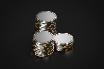Blank black gold plastic round chip mockup stack, dark background